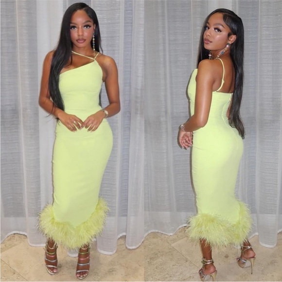 House of CB London Medium Alessia Lime Asymmetric Midi Dress Feather Hem - Picture 3 of 15